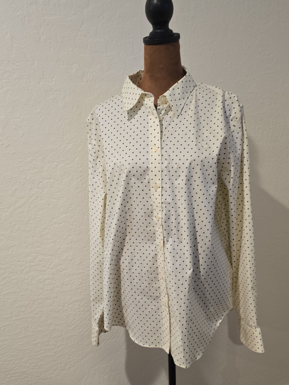 Ralph Lauren Cream Button-Down Shirt with Black Dot Print